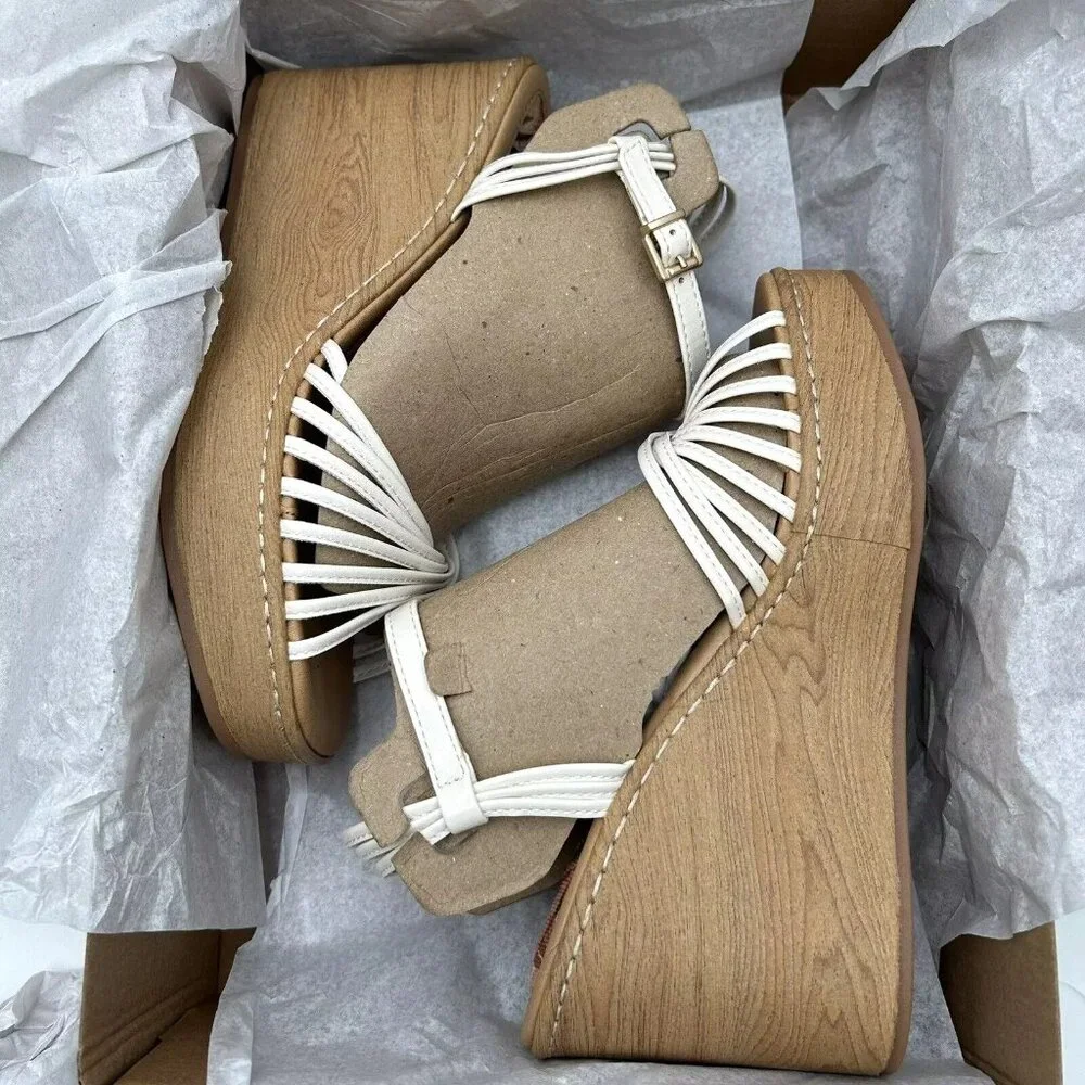 BOC Catalina Women's Platform Wedge Sandal Size 8 White/Tan‎ Glossy Straps Twist